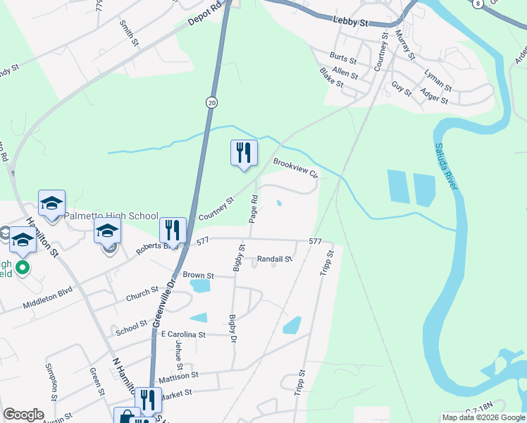 map of restaurants, bars, coffee shops, grocery stores, and more near 125 Page Road in Pelzer