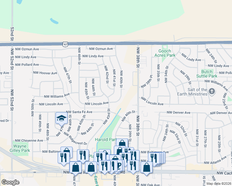 map of restaurants, bars, coffee shops, grocery stores, and more near 2303 Northwest 41st Street in Lawton