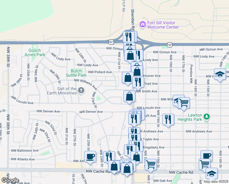 map of restaurants, bars, coffee shops, grocery stores, and more near 2217 Northwest Williams Avenue in Lawton