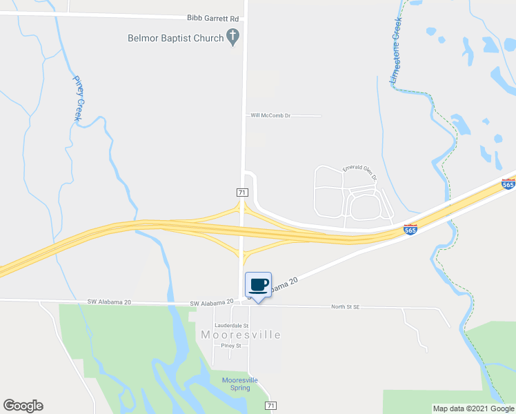 map of restaurants, bars, coffee shops, grocery stores, and more near Alabama 20 in Mooresville