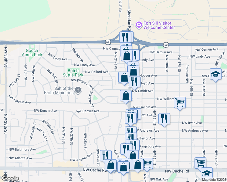 map of restaurants, bars, coffee shops, grocery stores, and more near 2201 Northwest Williams Avenue in Lawton