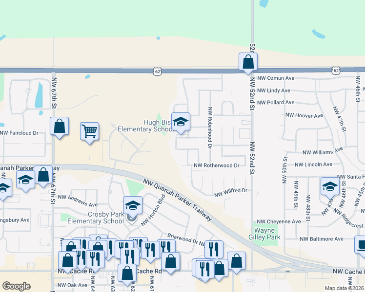 map of restaurants, bars, coffee shops, grocery stores, and more near 2402 Northwest Nottingham Road in Lawton