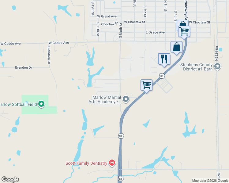 map of restaurants, bars, coffee shops, grocery stores, and more near 906 Silverwood in Marlow
