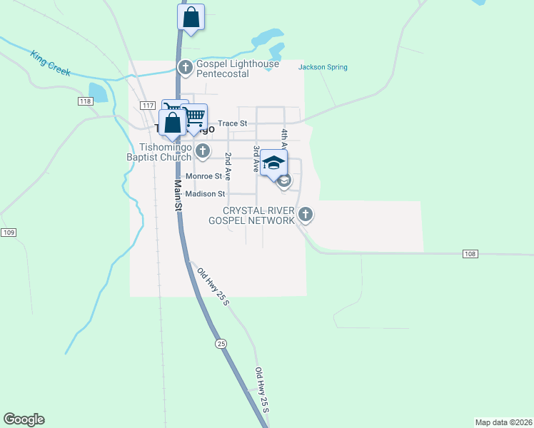 map of restaurants, bars, coffee shops, grocery stores, and more near 1 Morgan Street in Tishomingo