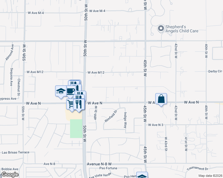 map of restaurants, bars, coffee shops, grocery stores, and more near 41235 47th Street West in Lancaster