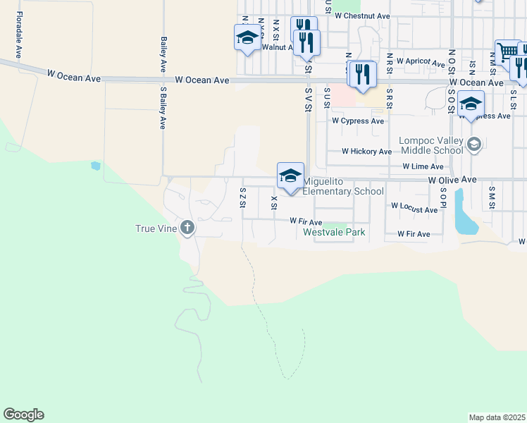 map of restaurants, bars, coffee shops, grocery stores, and more near 506 South Y Street in Lompoc