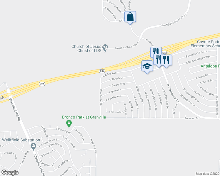 map of restaurants, bars, coffee shops, grocery stores, and more near 7040 East Burro Lane in Prescott Valley