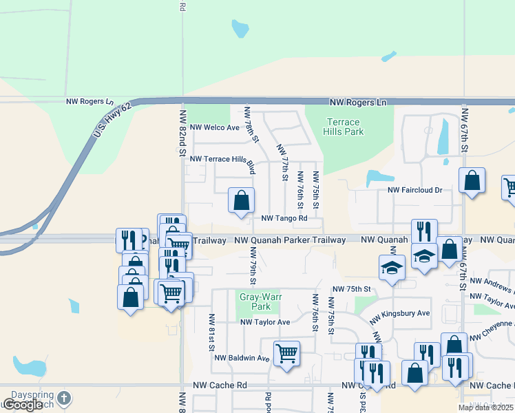 map of restaurants, bars, coffee shops, grocery stores, and more near 2305 Northwest Terrace Hills Boulevard in Lawton