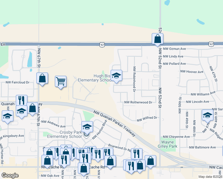 map of restaurants, bars, coffee shops, grocery stores, and more near 2410 Northwest Nottingham Road in Lawton