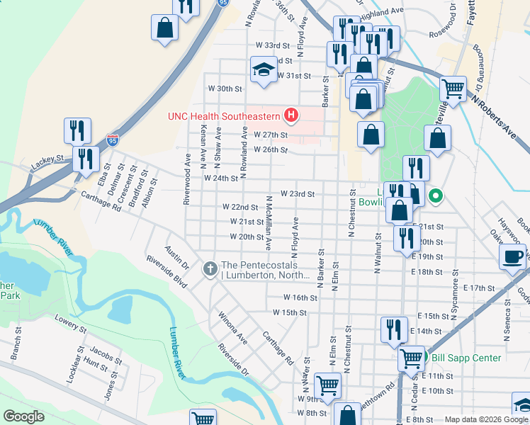 map of restaurants, bars, coffee shops, grocery stores, and more near 401 West 21st Street in Lumberton