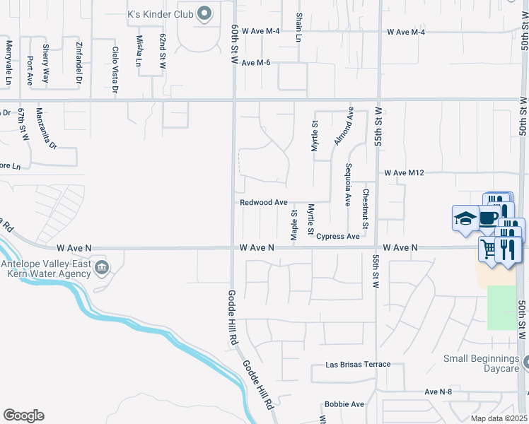 map of restaurants, bars, coffee shops, grocery stores, and more near 41304 Crispi Lane in Palmdale