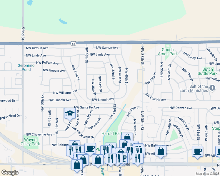 map of restaurants, bars, coffee shops, grocery stores, and more near 2307 Northwest 43rd Street in Lawton