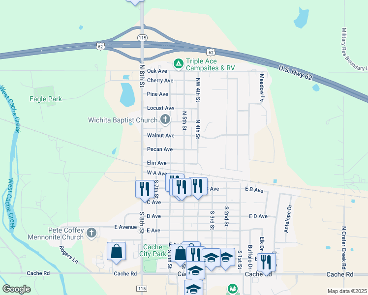 map of restaurants, bars, coffee shops, grocery stores, and more near 312 North 5th Street in Cache