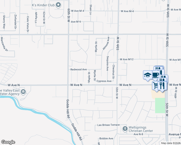 map of restaurants, bars, coffee shops, grocery stores, and more near 41304 Maple Street in Palmdale