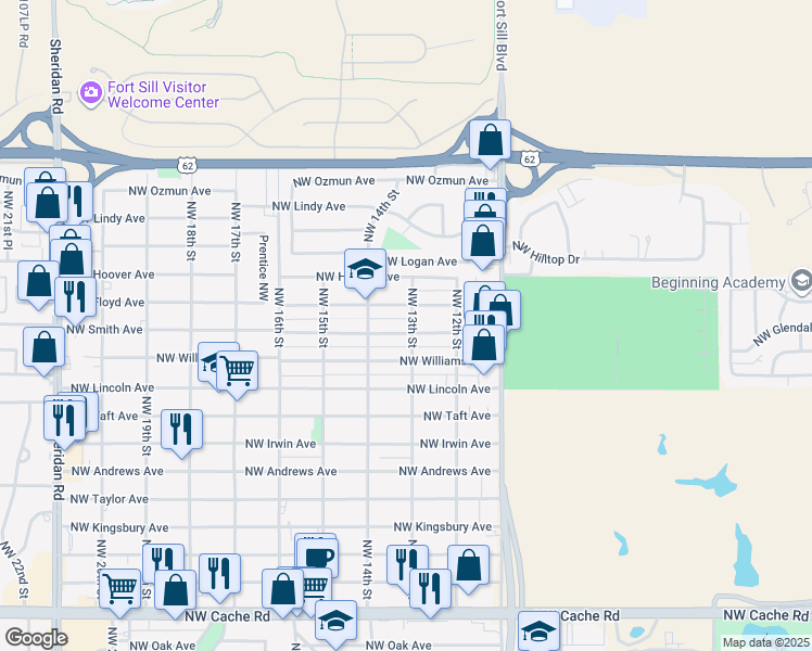 map of restaurants, bars, coffee shops, grocery stores, and more near 2402 Northwest 13th Street in Lawton