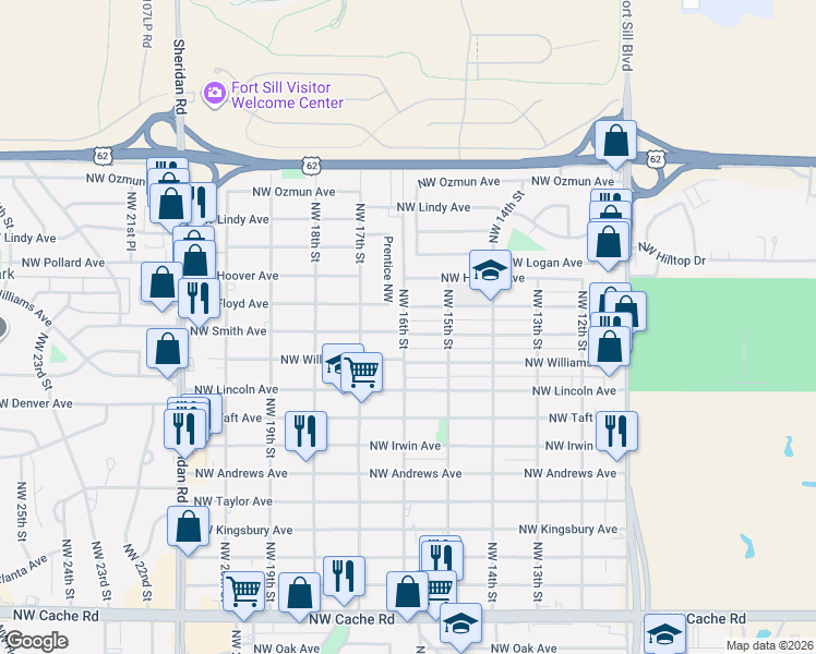map of restaurants, bars, coffee shops, grocery stores, and more near 1601 Northwest Williams Avenue in Lawton