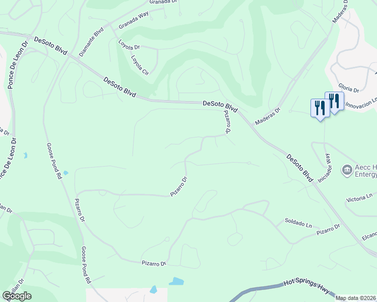 map of restaurants, bars, coffee shops, grocery stores, and more near 31 Pizarro Drive in Hot Springs Village
