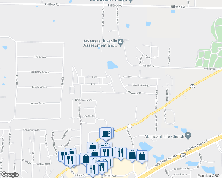 map of restaurants, bars, coffee shops, grocery stores, and more near 4109 Olympia Drive in Bryant