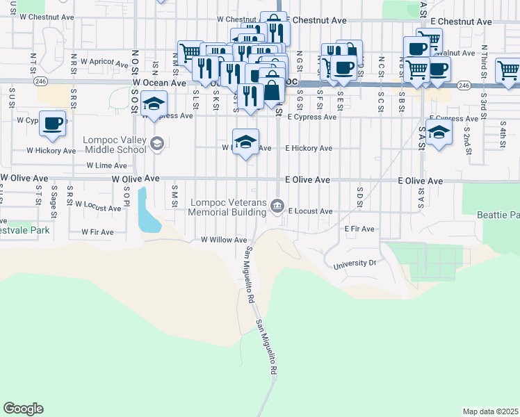 map of restaurants, bars, coffee shops, grocery stores, and more near 119 West Locust Avenue in Lompoc