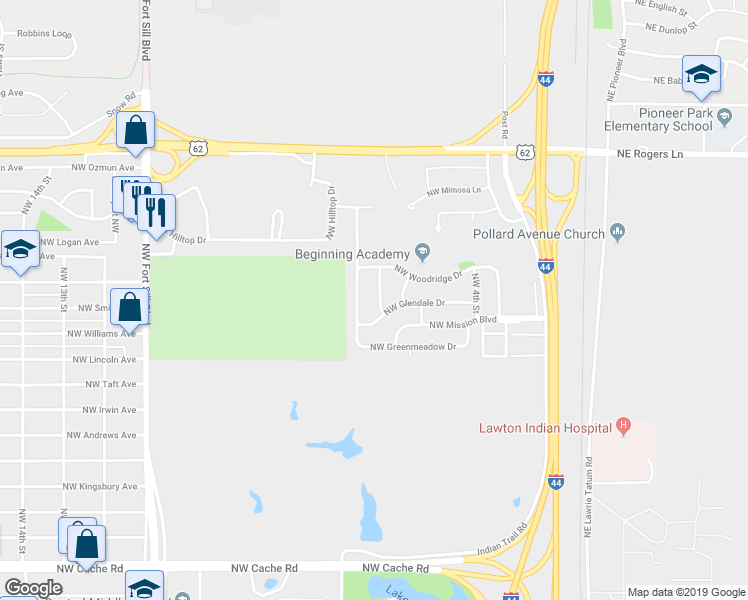 map of restaurants, bars, coffee shops, grocery stores, and more near 2406 Northwest 6th Street in Lawton