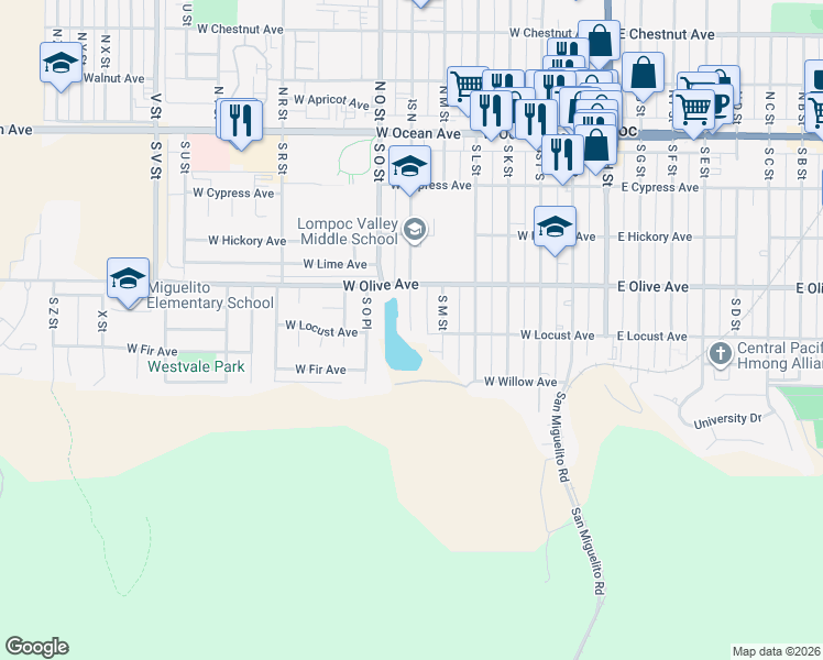 map of restaurants, bars, coffee shops, grocery stores, and more near 923 South N Street in Lompoc