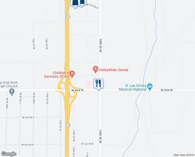 map of restaurants, bars, coffee shops, grocery stores, and more near in Palmdale