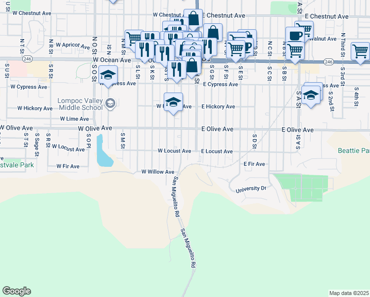 map of restaurants, bars, coffee shops, grocery stores, and more near 512 South I Street in Lompoc
