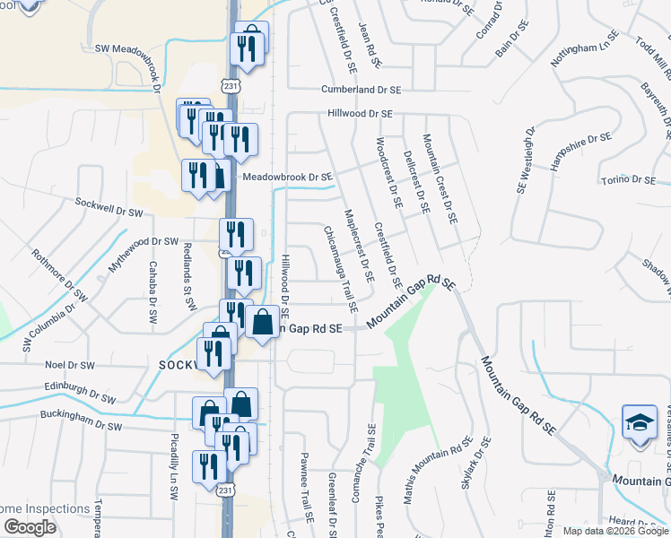 map of restaurants, bars, coffee shops, grocery stores, and more near 315 Mockingbird Road Southeast in Huntsville