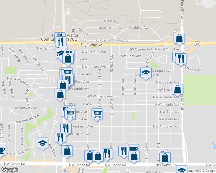 map of restaurants, bars, coffee shops, grocery stores, and more near 1715 Northwest Floyd Avenue in Lawton
