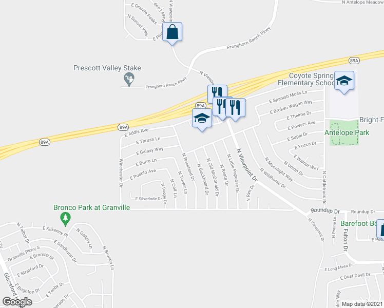map of restaurants, bars, coffee shops, grocery stores, and more near 6301 North Rockland Drive in Prescott Valley