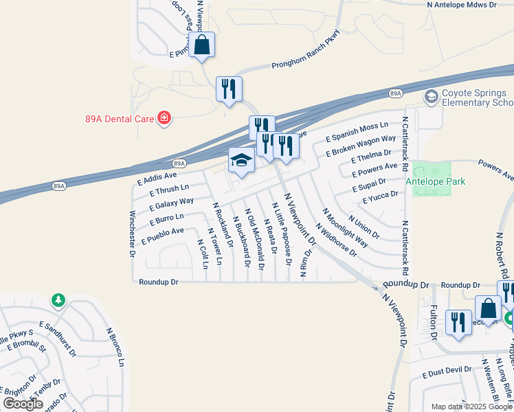 map of restaurants, bars, coffee shops, grocery stores, and more near 6350 North Little Papoose Drive in Prescott Valley