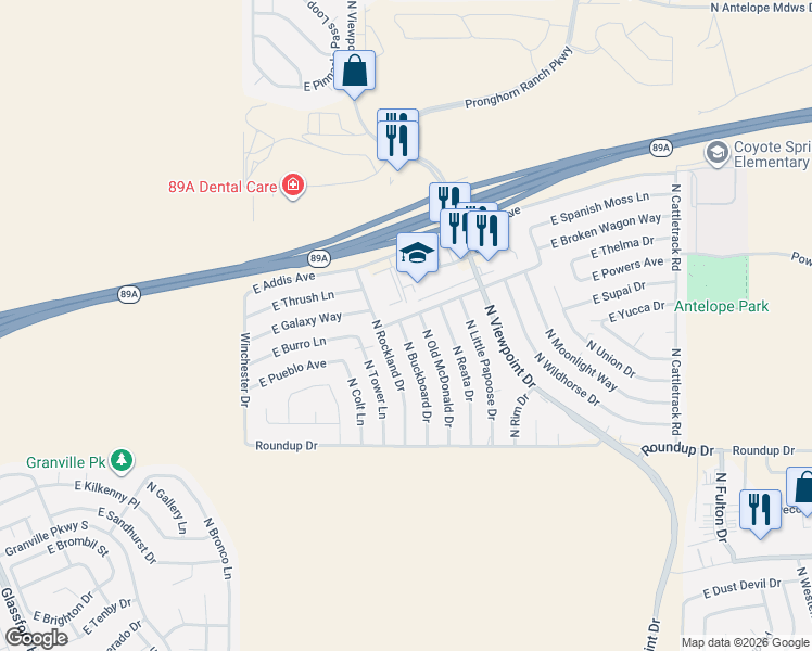 map of restaurants, bars, coffee shops, grocery stores, and more near 7388 East Horseshoe Lane in Prescott Valley