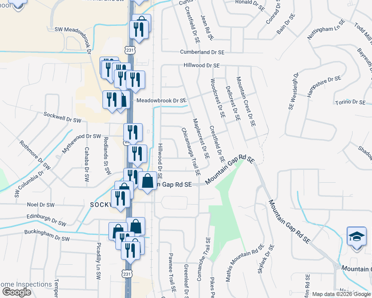map of restaurants, bars, coffee shops, grocery stores, and more near 11316 Chicamauga Trail Southeast in Huntsville