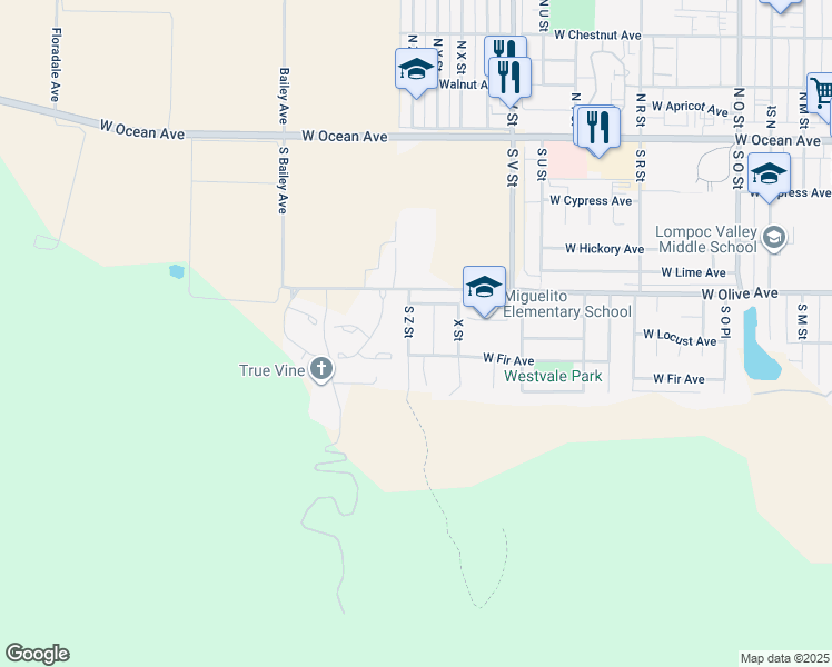 map of restaurants, bars, coffee shops, grocery stores, and more near 428 South Z Street in Lompoc