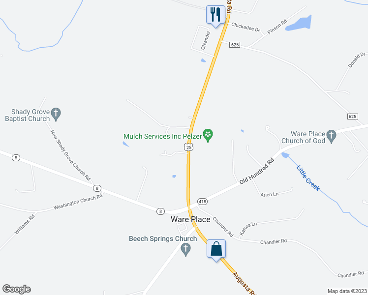 map of restaurants, bars, coffee shops, grocery stores, and more near 9428 Augusta Road in Pelzer