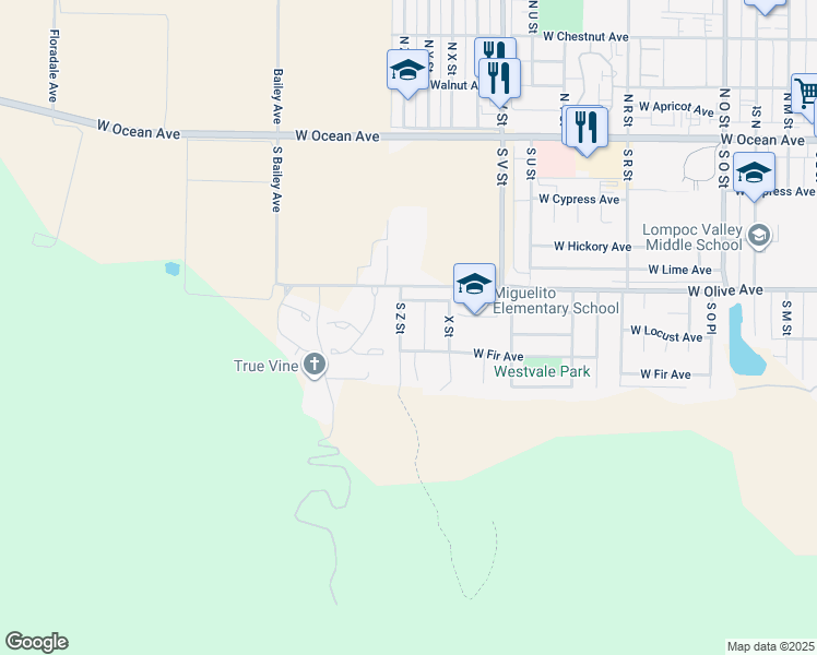 map of restaurants, bars, coffee shops, grocery stores, and more near 428 South Z Street in Lompoc
