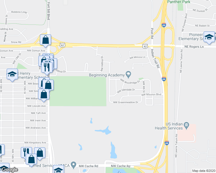 map of restaurants, bars, coffee shops, grocery stores, and more near 2226 Northwest 7th Street in Lawton