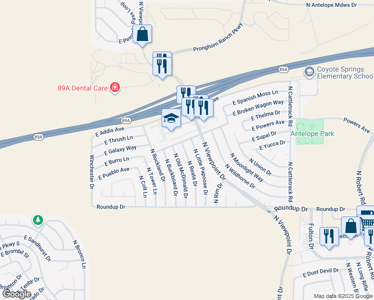 map of restaurants, bars, coffee shops, grocery stores, and more near 6350 North Little Papoose Drive in Prescott Valley
