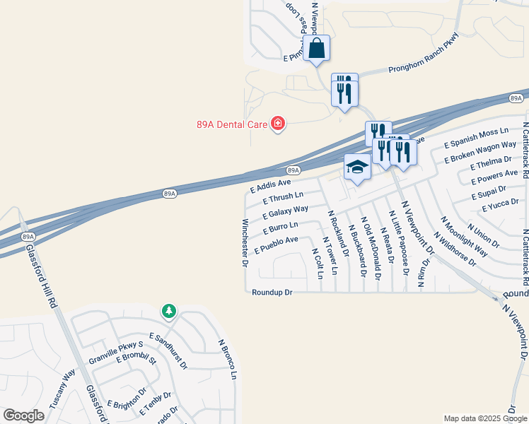 map of restaurants, bars, coffee shops, grocery stores, and more near 7034 East Thrush Lane in Prescott Valley