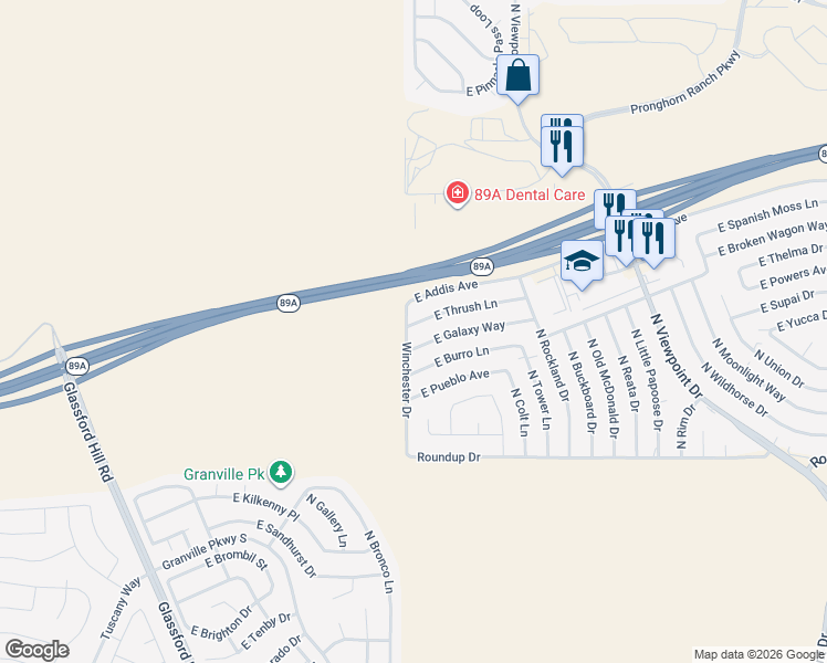 map of restaurants, bars, coffee shops, grocery stores, and more near 7034 East Thrush Lane in Prescott Valley