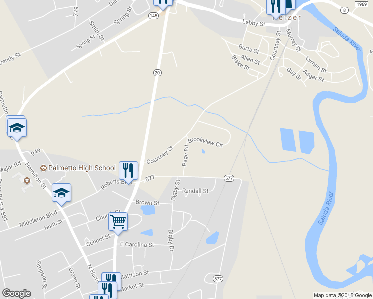 map of restaurants, bars, coffee shops, grocery stores, and more near 125 Page Road in Pelzer