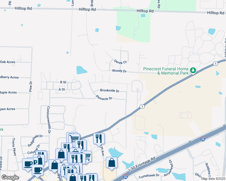 map of restaurants, bars, coffee shops, grocery stores, and more near 409 Brookside Drive in Bryant
