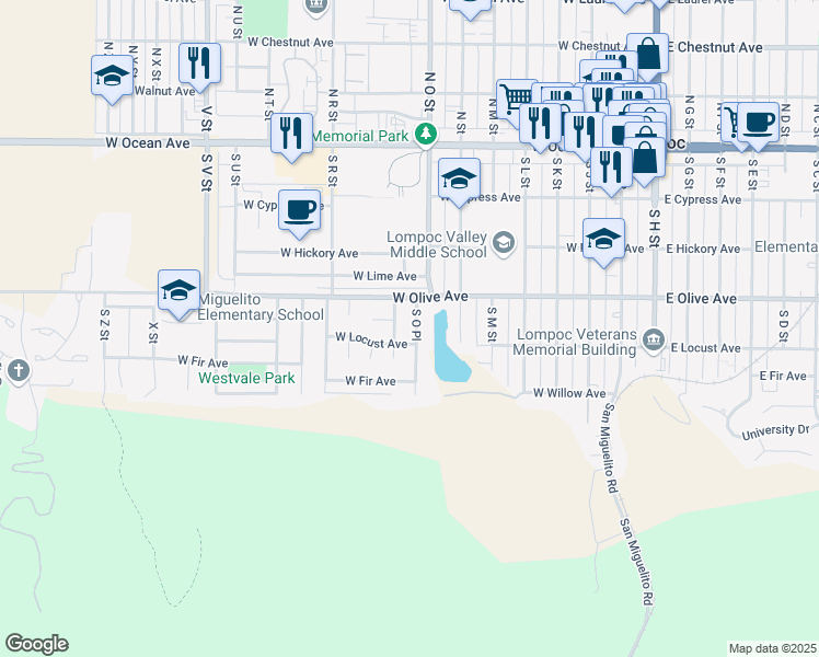 map of restaurants, bars, coffee shops, grocery stores, and more near 421 South O Place in Lompoc