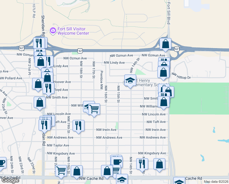 map of restaurants, bars, coffee shops, grocery stores, and more near 1501 Northwest Bessie Avenue in Lawton