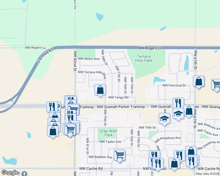 map of restaurants, bars, coffee shops, grocery stores, and more near 2316 Northwest 78th Street in Lawton