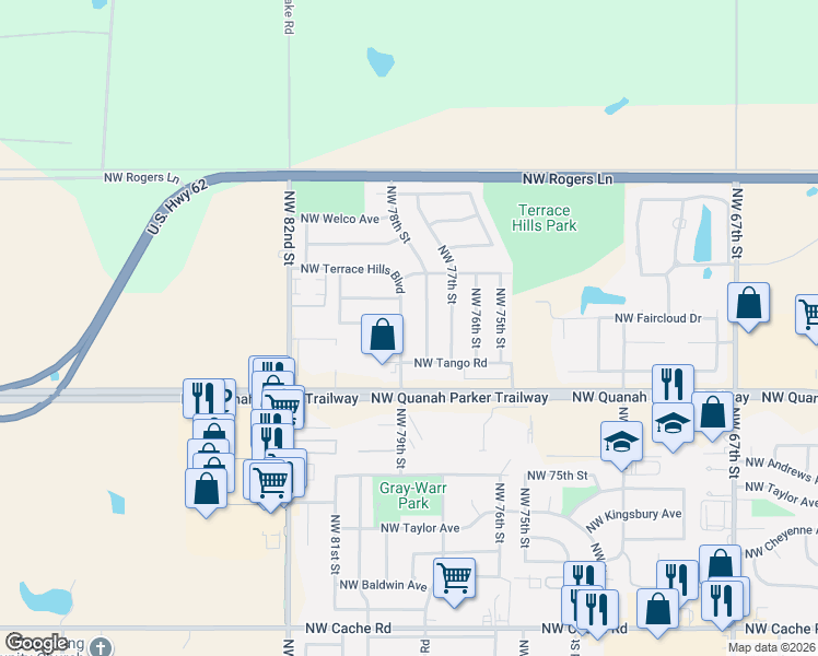 map of restaurants, bars, coffee shops, grocery stores, and more near 2316 Northwest 78th Street in Lawton