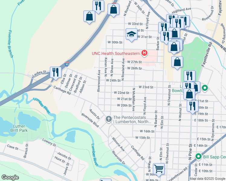 map of restaurants, bars, coffee shops, grocery stores, and more near 507 West 23rd Street in Lumberton