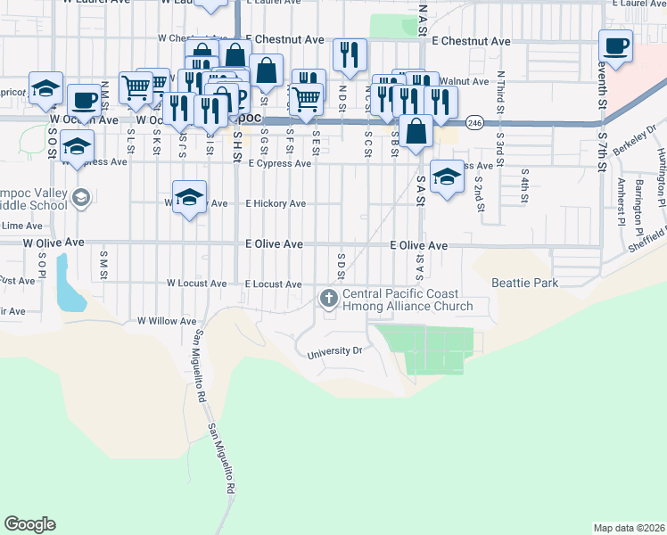 map of restaurants, bars, coffee shops, grocery stores, and more near 411 South D Street in Lompoc