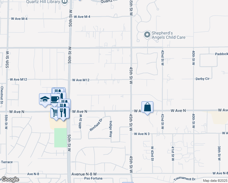 map of restaurants, bars, coffee shops, grocery stores, and more near 4601 West Avenue M14 in Lancaster
