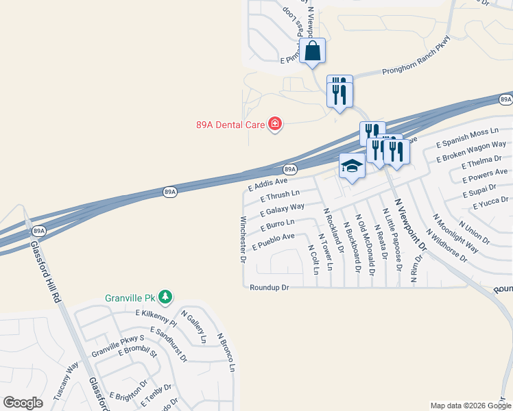map of restaurants, bars, coffee shops, grocery stores, and more near 7034 East Thrush Lane in Prescott Valley